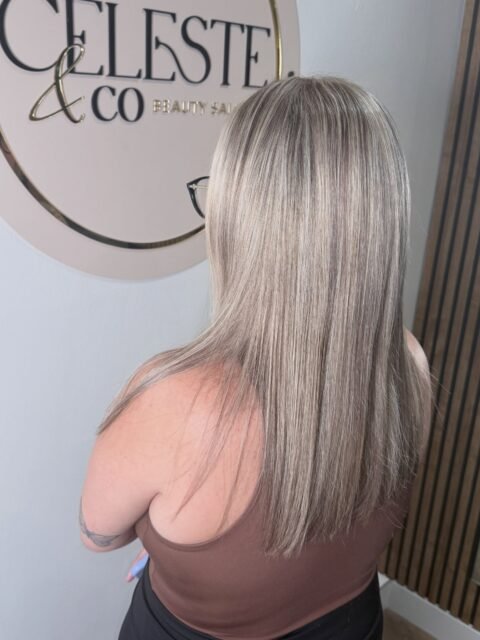 The first step in correcting a patchy blonde after several rounds of comb highlights. We lightened the regrowth carefully, but with the hair already fragile, achieving an even colour will take more than one appointment